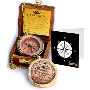 to My Son Compass with Wooden Box-Mom to Son Compass–Father to Son Gifts- to My Grandson -Graduation Day Gifts for Son-Birthday, Baptism, Graduation, Confirmation, Communion Compass for Women Men