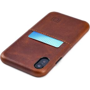 Dockem M1 Card Case for iPhone XR (6.1"): Slim Genuine Leather Wallet Case with Built-in Metal Plate for Magnetic Mounting and Lay-Flat Card Slot: Virtuosa [Brown]