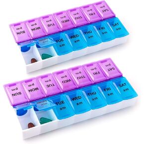 Pill Box Organizer Case, 14 Compartments, 7 Daily AM PM Slot, 2 Times a Day, Weekly dosis, Medicine Holder/Container, Ideal/Medication, Vitamin, Supplement, Medicine, Pills. Perfect Travel & Purse