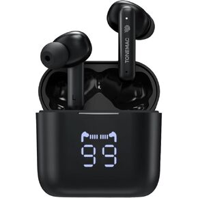 W28 Wireless In-ear in-ear earbuds Bluetooth 5.3 سماعات الرأس مع صوت باس عميق ، خفيفة الوزن ، شحن الطاقة LED واللمس ، 48 ساعة وقت ، IPX6 مقاوم للماء ، USB-C و Wireless Quick Charge أسود