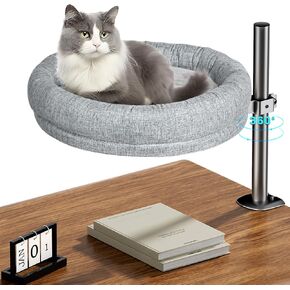 Cat Desk Bed, Desk Nest Cat Bed Round Cat Beds for Desk Indoor Cats up to 40 lbs, Comfortable Soft Pet Bed for Kitten, Cat Hammock for Desk 360° Rotation & Adjustable Height(Grey)