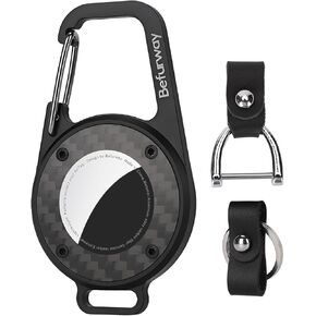 AirTag Holder with Car Keychain - Premium Leather & Carbon Fiber Case with Secure Locking Carabiner | Compatible with Apple AirTag for Keys, Luggage, Backpacks, Pets & Travel