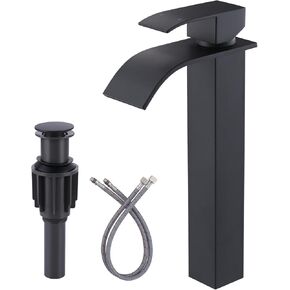 ARCORA Waterfall Bathroom Faucet Matte Black Faucet for Bathroom Sink Single Handle Mixer Tap Lavatory Vanity Faucet with Deck Plate and Pop Up Drain, 1 or 3 Hole