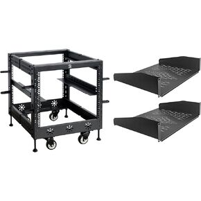 RIVECO 9U 19" Adjustable Depth Server Rack and RIVECO 2 PCS 2U Rack Shelves 14 Inch Depth