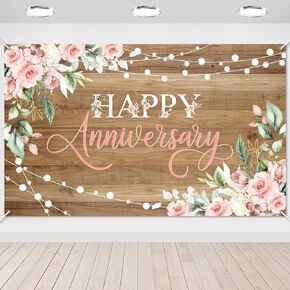 Avezano Happy Anniversary Backdrop Rustic Pink Floral Happy Anniversary Banner Wooden Cheers to Marriage Wedding Commemoration Day Party Decorations Banner 70.8 x 43.3 Inch