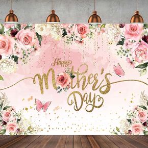 7x5ft Happy Mother's Day Backdrop – Pink Floral Golden Dots Photography Background for Mom's Birthday, Mother's Day Party Banner & Photo Booth Props 062