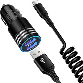 30W QC3.0 Android Car Phone Samsung A35 Charger USB Type C Car Adapter Plug with 3FT Android Auto Coiled USB C Cable Fast Charging for Samsung Galaxy S24 Ultra/S24+/A55/A05S/A54/A14/A53/A13/A03S/S23FE