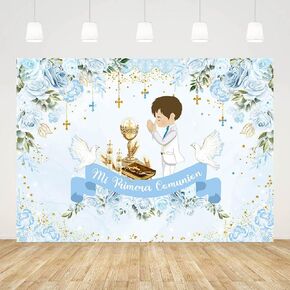 7x5ft Mi Primera Comunion Backdrop for Boys Baptism First Holy Communion Baby Shower Party Decorations Blue Floral Christening God Bless Chalice Doves Baby Shower Photography Background