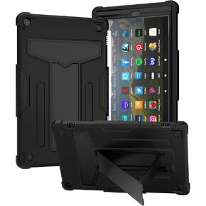 Shockproof Case for Fire HD 10 Tablet (7th/9th Generation, 2017/2019 Version), Techcircle Multi-Angle Heavy Duty Bumper Defender Child Proof Rugged Case w/Kickstand Silicone Hybrid Cover, Black