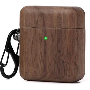 Wood Airpod Case for Airpods 1 & 2, Full-Body Protective Wood Case with Carabiner for Apple Airpods 1 & 2 (Walnut)