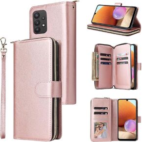 Wallet Case for Samsung Galaxy A32 5G 2021 6.5 inch with Wrist Strap, 9+ Card Slots Thin Slim Zipper Purse, Luxury PU Leather Stand Phone Cover for M32 G5 A 32 32A S32 SM-A326U A326U Red
