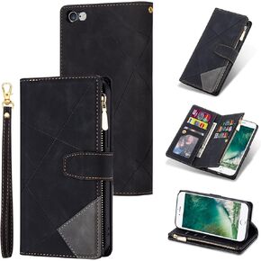 UEEBAI Wallet Case for iPhone 6/iPhone 6S, Vintage Premium PU Leather Cover Flip Case with Card Slots Magnetic Closure Zipper Pocket Kickstand Handbag with Hand Strap - Diamond Purple