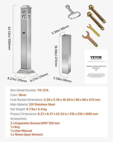 VEVOR Cigarette Butt Receptacle, Commercial Cylinder Cigarette Butt Container, Freestanding and Weatherproof Outdoor Cigarette Butt Disposal for Garden, Office, Restaurant, Hotel, Bar, Patio, Black in Saudi Arabia