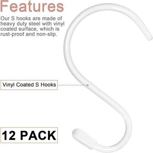 12 Pack 4 inch S Hooks for Hanging Heavy Duty, Large Vinyl Coated Closet S Hooks Non Slip Metal S Hooks for Hanging Kitchen Utensil Pot Pan Cups Clothes Jeans Towels Hats Bags Plants (White) in Kuwait