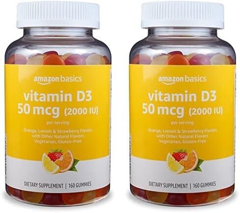 Amazon Basics فيتامين D3 2000 IU Gummies، البرتقال والليمون والفراولة، 160 عدد (2 لكل وجبة) (سوليمو سابقًا) in Kuwait