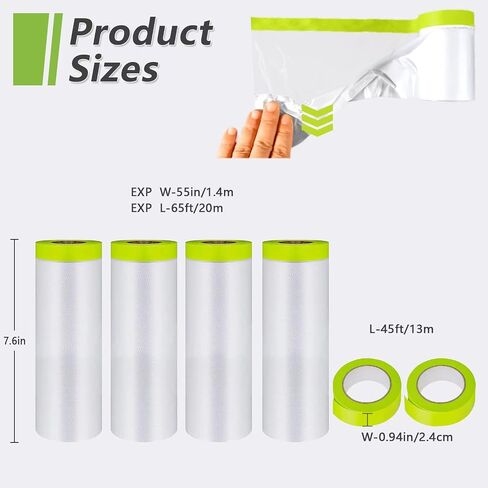 Pre-Taped Masking Film-55inx65ft Tape and Drape Painters Paper Rolls, Plastic Painting Film for Automotive Painting Covering（Masking Film:3rolls,Tape:2rolls in Saudi Arabia