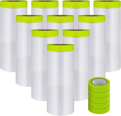 Pre-Taped Masking Film-55inx65ft Tape and Drape Painters Paper Rolls, Plastic Painting Film for Automotive Painting Covering（Masking Film:3rolls,Tape:2rolls in Saudi Arabia