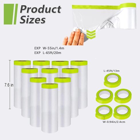 Pre-Taped Masking Film-55inx65ft Tape and Drape Painters Paper Rolls, Plastic Painting Film for Automotive Painting Covering（Masking Film:3rolls,Tape:2rolls in Saudi Arabia