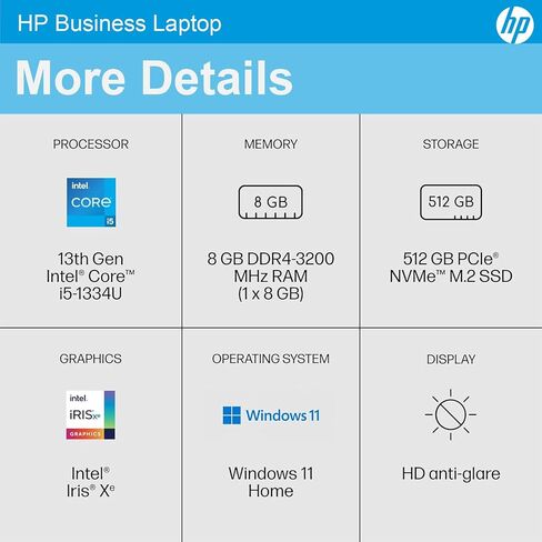 HP LAPTOP ، 15.6 "HD Display Business Business Captops ، Intel Core I5-1334U ، 32GB RAM ، 2TB SSD ، Iris XE Graphics ، WiFi 6 ، Bluetooth ، Fast Charge ، Win 11 Pro ، Silver in Kuwait