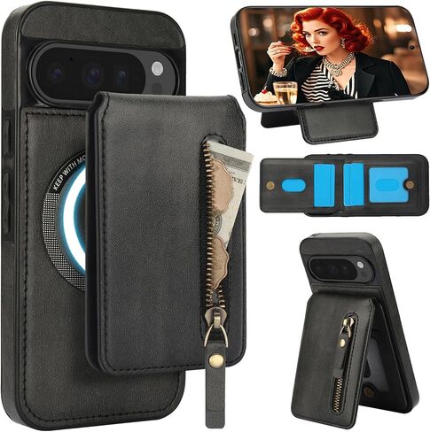 Ysnzaq 2-in-1 Detachable Magnetic Wallet Case for Google Pixel 9 Pro XL with Card Slots, Premium PU Leather RFID Blocking Case with Flip Kickstand for Google Pixel 9 Pro XL ZFT Black in Saudi Arabia