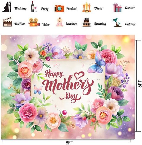 CHAIYA 7X5FT Mother's Day Backdrop Watercolor Flowers Backdrop Family Party Background Mother's Day Party Banner Photoshoot Studio Props CY353 in Saudi Arabia