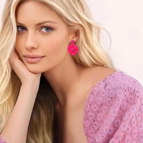 WCRAZYE اليدوية البوهيمي الروطان زهرة الأقراط للنساء الرافية القش ملفوفة زهرة الأقراط بيان المتدرج البتلات زهرة الأقراط سيدة الزفاف كبيرة لهدايا حفلة موسيقية (وردة حمراء) in Saudi Arabia