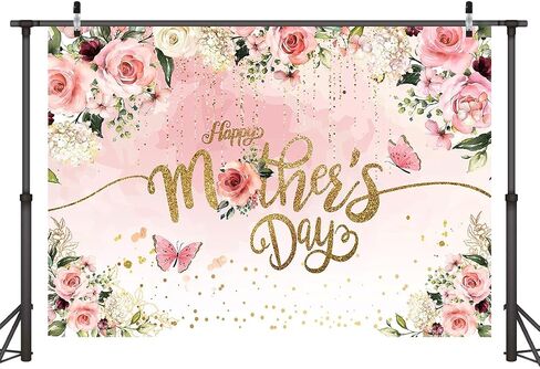 7x5ft Happy Mother's Day Backdrop – Pink Floral Golden Dots Photography Background for Mom's Birthday, Mother's Day Party Banner & Photo Booth Props 062 in Saudi Arabia