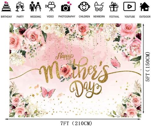 7x5ft Happy Mother's Day Backdrop – Pink Floral Golden Dots Photography Background for Mom's Birthday, Mother's Day Party Banner & Photo Booth Props 062 in Saudi Arabia