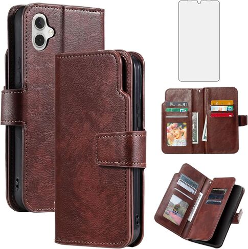 Asuwish Phone Case for Samsung Galaxy A05 Wallet Cover with Tempered Glass Screen Protector Flip Credit Card Holder Slot Stand Purse Folio Pocket Mobile Accessories TPU Cell Ao5 A 05 Women Men Brown in Saudi Arabia