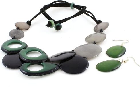 Blue Statement Necklace Set made of Tagua Nut, Layered Bib Style with White, Fair Trade Artisan Jewelry in Saudi Arabia