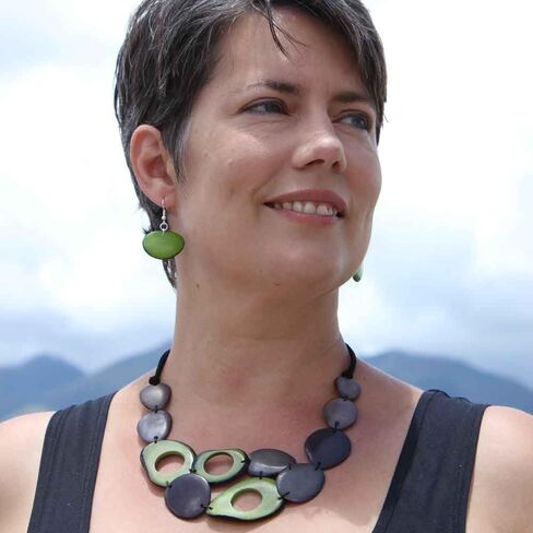 Blue Statement Necklace Set made of Tagua Nut, Layered Bib Style with White, Fair Trade Artisan Jewelry in Saudi Arabia