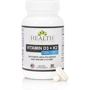 Vitamin D3+K2: D3 7500 IU (188mcg) + K2 200 mcg- 60 Capsules (Does not Contain K1 or MK4) - Tested for Purity and Strength, Supports Healthy Bones and Immune Health