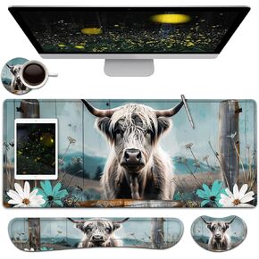 Large Mouse Pad + Keyboard Wrist Rest Set, Extended Gaming Mousepad (31.5X11.8 inch) with Non-Slip Rubber, Ergonomics Memory Foam Mouse Wrist Rest Support, Highland Cow Painting XXL Desk Pad
