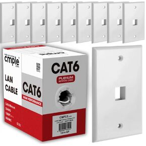 Cmple – White Cat 6 Plenum Ethernet Cable 1000ft 550MHz Bulk + 1 Port Keystone Outlet Cover 1 Gang Standard Ethernet Wall Plate for Home and Office, Fits RJ45 and HDMI Keystone Jack – White Bundle