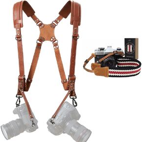 Padwa Lifestyle Dual Camera Harness Strap for Two-Cameras - Dual Shoulder Full Grain Leather Harness,Multi Double Camera Gear for DSLR/SLR Strap and 1.5 inch Wide Camera Strap