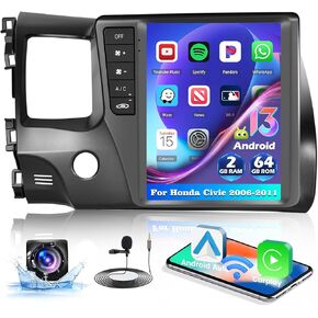 [2G+64G] Hikity Wireless 9.7 Inch Carplay Stereo for Honda Civic 2006 2007 2008 2009 2010 2011 Android Auto Screen, Android 13 Touch Screen Radio Supports GPS Navigation/WiFi/BT/SWC/Backup Camera