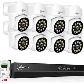 MOVOLS PoE Security Camera System, 4 x 8MP(4K) Pan/Tilt PoE 360 Camera Outdoor, Person/Vehicle Detect, Spotlight Siren, Color Night Vision, 8CH 8MP NVR with 2TB HDD