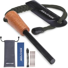 Fire Starter Survival Tool, Ferro Rod with Paracord Lanyard with Tinder Wick Rope, Multi-Tool Striker and Wooden Handle, Flint and Steel Fire Starter Kit, Outdoor Backpacking Gear