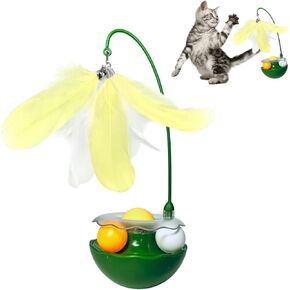 Interactive Cat Feather Toys, Catnip, Track Balls, Bells, Tumbler Cat Toys for Indoor Cats Kittens, 9.8'' high (Yellow)