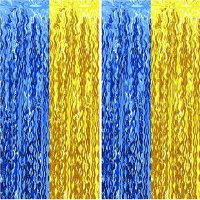Blue and Gold Wavy Tinsel Foil Fringe Curtains Graduation Photo Booth Backdrop for High School College Any Grades Graduation Decorations 2025(2 Pack 3.2 ft x 6.6 ft)