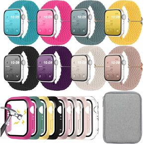 8 Pack Braided Solo Loop Compatible with Apple Watch Band 40mm 41mm 42mm 44mm 45mm 46mm, Nylon Band with Screen Protector Case&Storage Organizer for Apple Watch S10/9/8/7/6/se/se 2nd/5/4