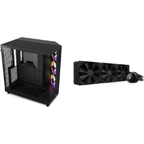 NZXT H6 Flow RGB Mid-Tower Airflow Case with 3 RGB Fans, Panoramic Glass Panels, Cable Management & 360mm AIO CPU Liquid Cooler with Customizable LCD Display, High-Performance Pump, 3 Fans
