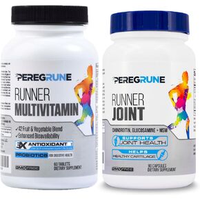 PEREGRUNE Runner Multivitamin & Joint Support Supplement – Antioxidants, Vitamin B Complex, Probiotics for Health, Energy, Endurance, Recovery - Glucosamine Chondroitin, MSM – GMP Running Supplements