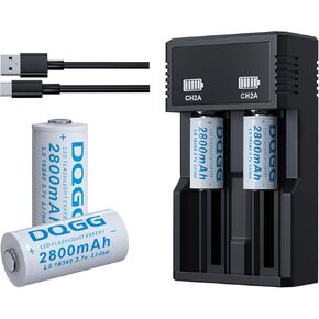 16340 Rechargeable Battery 2800mAh Large Capacity Button Top 3.7V CR123A Lithium Batteries for Flashlights Headlamps (4 Pack,16340 Battery+Charger)