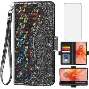 Asuwish Phone Case for Motorola Moto G04/G04s/G24/E14 4G Wallet Cover with Tempered Glass Screen Protector and Flip Card Holder Bling Glitter Cell Accessories GO4 G 04 04s 24 E 14 Women Girls Black
