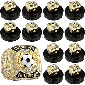 12 Pcs Soccer Championship Rings Ball Games Championship Trophy Rings Sport Ball Award Gift with Display Neck Chain and Stand for Tournament or League Champion Winner