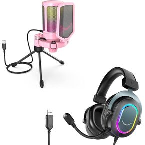 FIFINE AmpliGame Streaming PC Microphone, USB Gaming RGB Headset, Computer Condenser Desktop Mic with Mute, Mic Gain, Wired Headsets with Mic, 7.1 Surround Sound, for Gamer, Youtuber-Pink (A6P+H6)