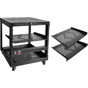 RIVECO 9U Network Rack with Top Cover 4 Post Floor Rack on Wheels for 19" Equipment & Stereo Gear Including Rack Mount Power Strip & 1PCS 1U Rack Shelf & 16" Depth Rack Shelves 2PCS