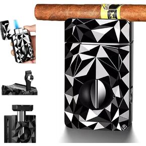 All-in-One Torch Lighter with Built-in V Cutter, Holder,Visible Gas Window, Triple Jet Flame Windproof Butane Refillable Lighter for Travel, Candle, Lighter Gifts for Men (Butane NOT Included)