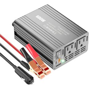 عاكس طاقة السيارة المحمولة: 600W 12V إلى 110V DC إلى محول AC مع منفذ USB-A & USB-C ومنافذ AC ، مثالية لرحلات الطرق والتخييم
